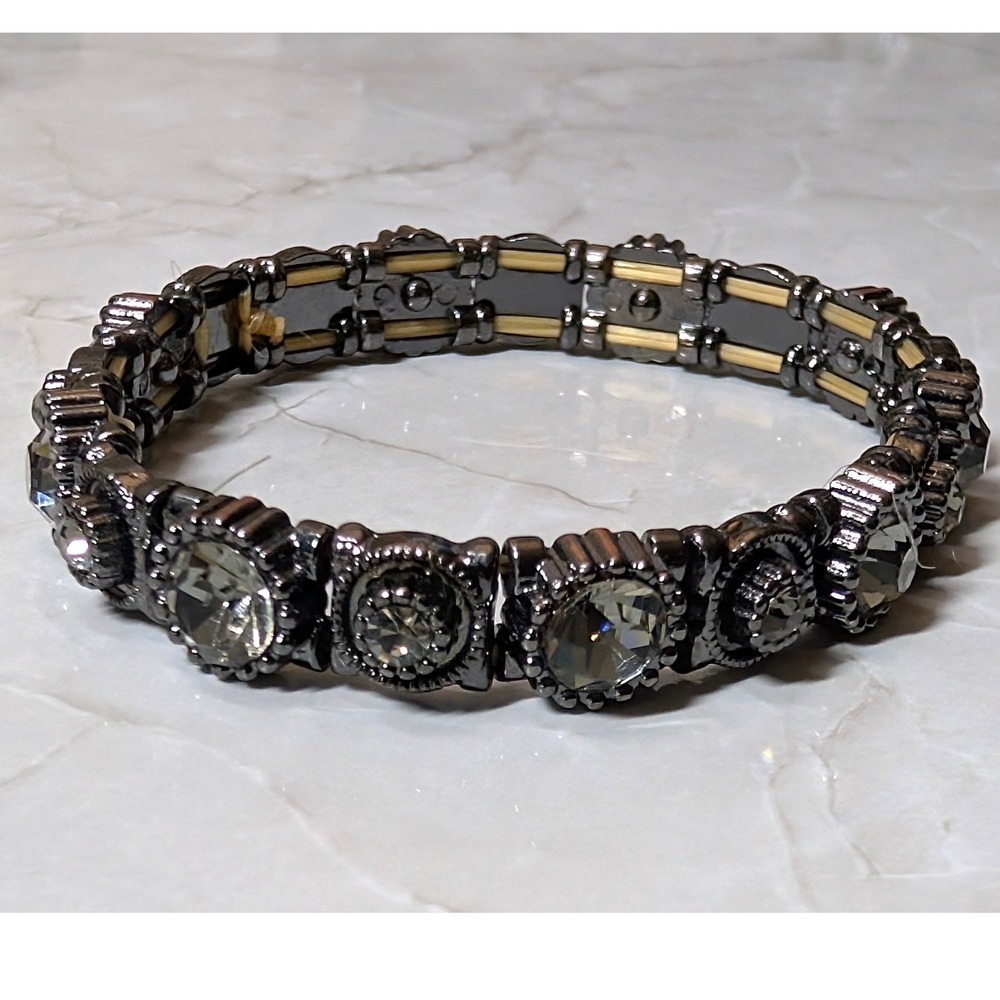 New Stretch Bracelet Gunmetal Gray Round Rhinestones Rainbow Sparkle Gothic Glam